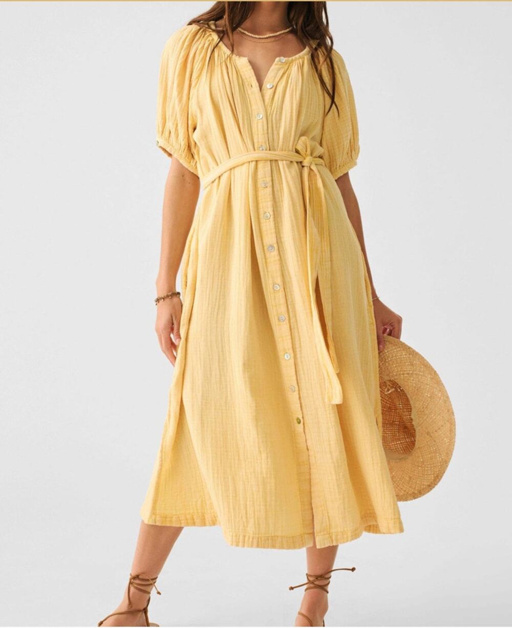 Womens Faherty Carmel Dream Organic Cotton Gauze Dress Butter Yellow Size M EUC